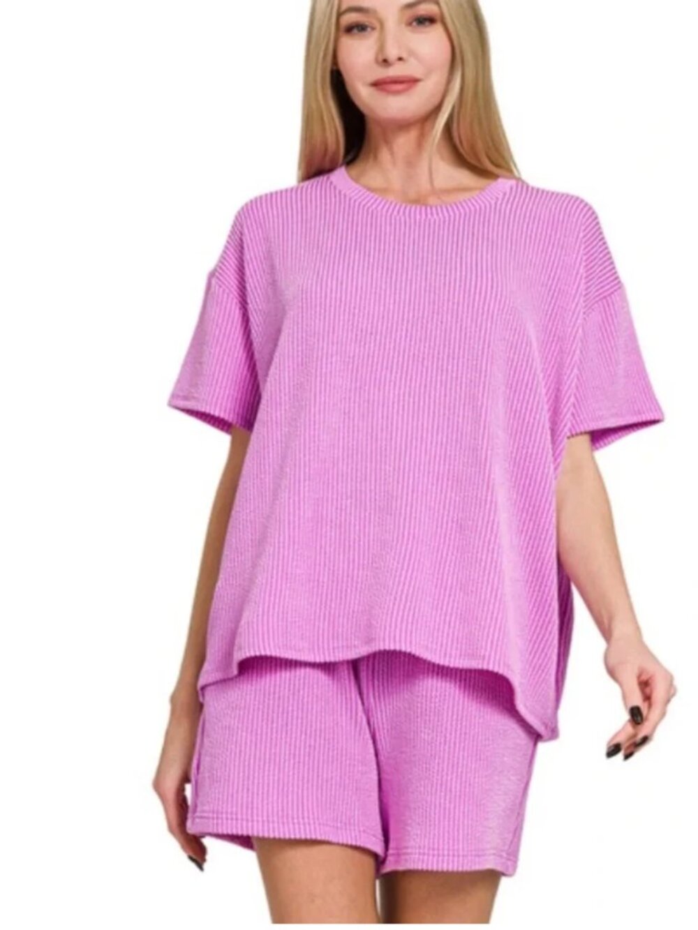 NEW ZENANA spring Violet RAISED RIB SHORTSLEEVE TEE & SHORT PANTS SET SMALL